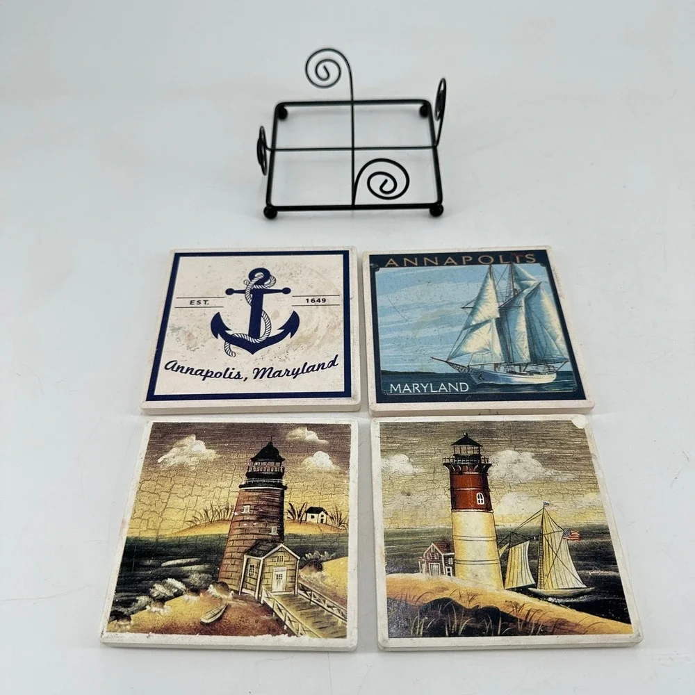 Annapolis Maryland Nautical Coaster Set of 4 Ceramic Lighthouse Sailboat Anchor